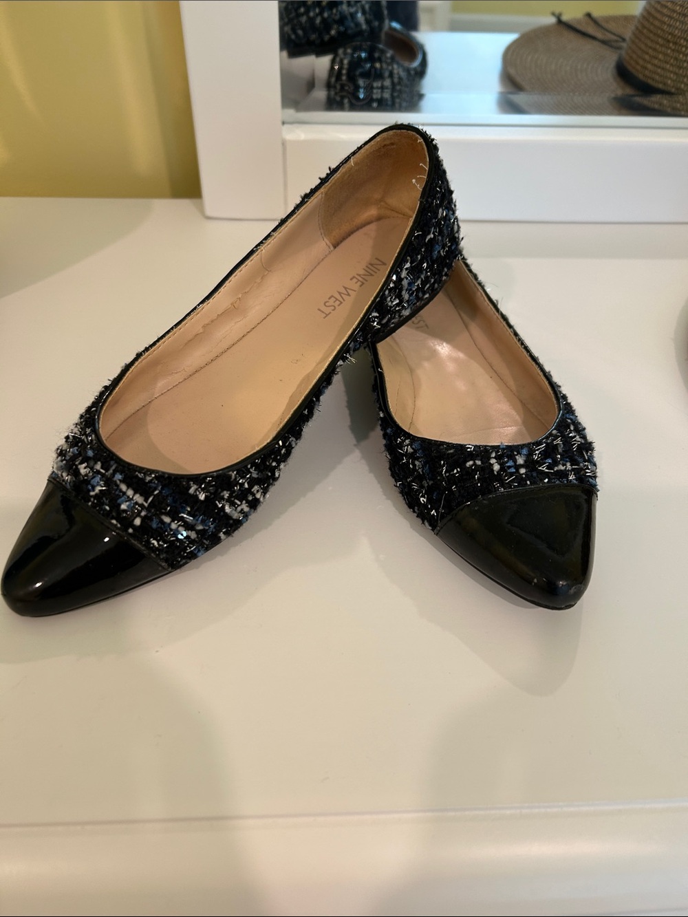 Nine West Black Tweed Pointed Cap-Toe Flats